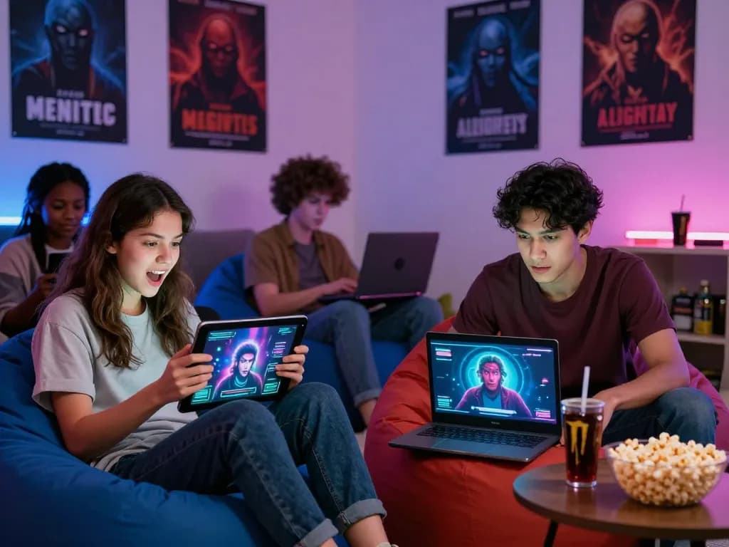 Engaging scene of gamers playing mind control porn-themed games in a vibrant room.