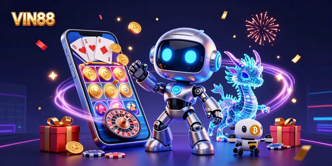 Join the excitement at VIN88 with a vibrant casino scene featuring slot games, neon characters, and dynamic elements.