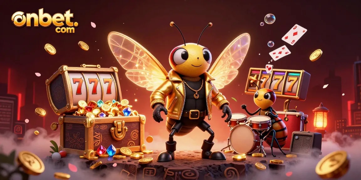 Experience the excitement at onbet. com with a vibrant casino scene featuring a rock star cicada and dynamic games.