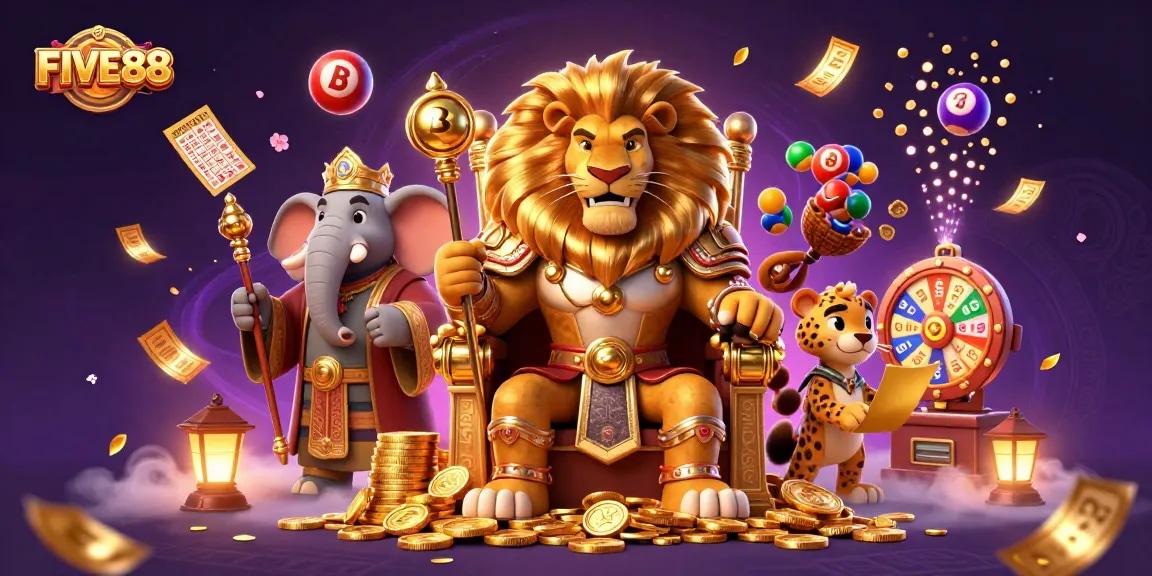 Engage in thrilling games at FIVE88 casino with vibrant lottery elements and dynamic characters.