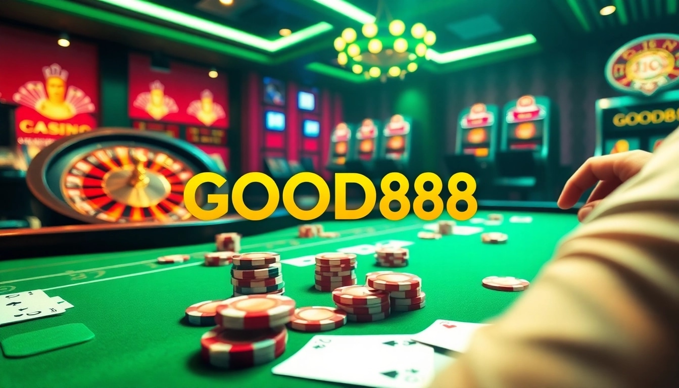 Players' excitement at GOOD88 casino table, featuring poker chips and cards.