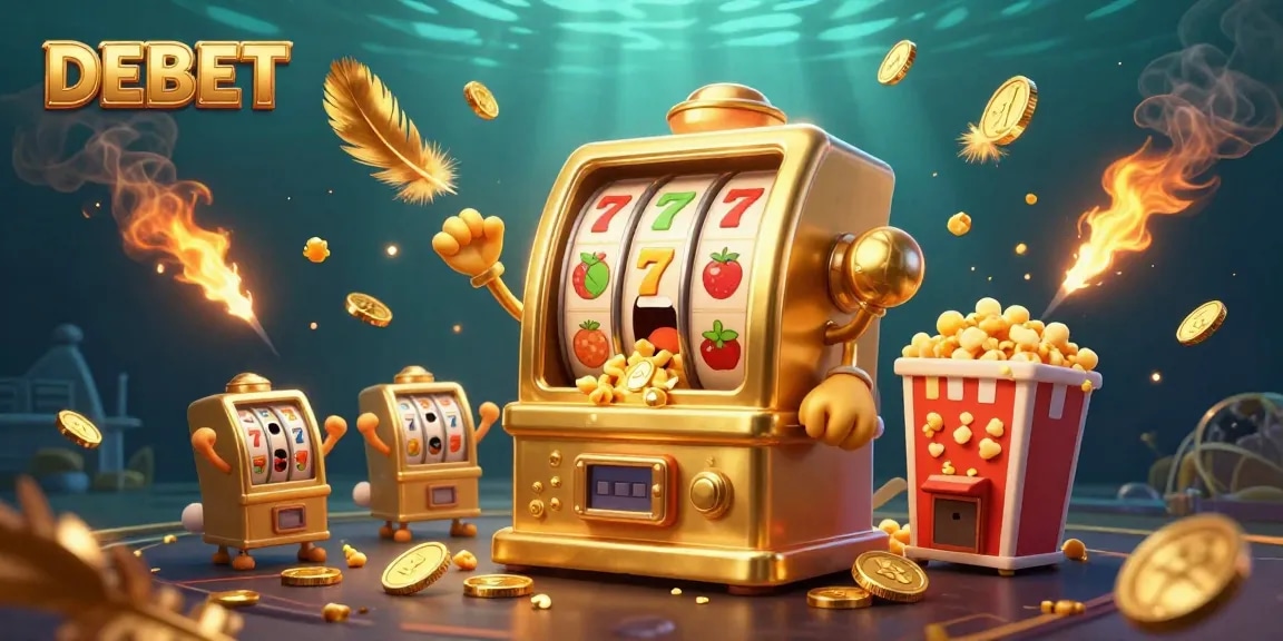 DEBET's golden slot machine hits a jackpot as coins burst from its mouth, surrounded by cheering baby machines.