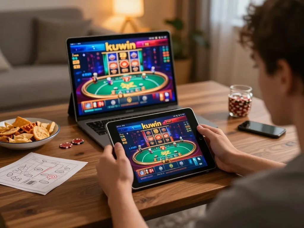 Engaged user plays kuwin co casino game on tablet at home, demonstrating immersive online gaming.