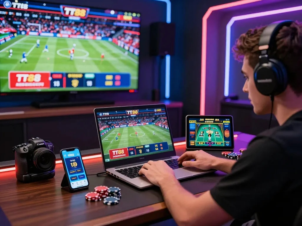 Player at TT88 online gambling platform engaging in sports betting with vibrant promotional banners and casino atmosphere.