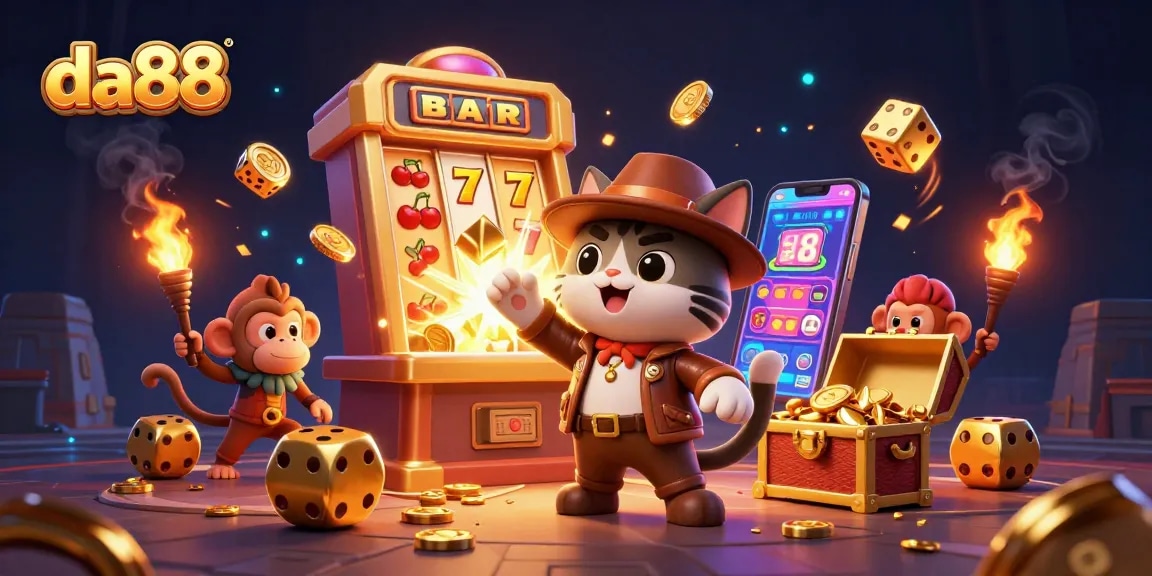 Experience da88 through an adventurous journey with a cat archaeologist and treasures amidst a packed casino backdrop.