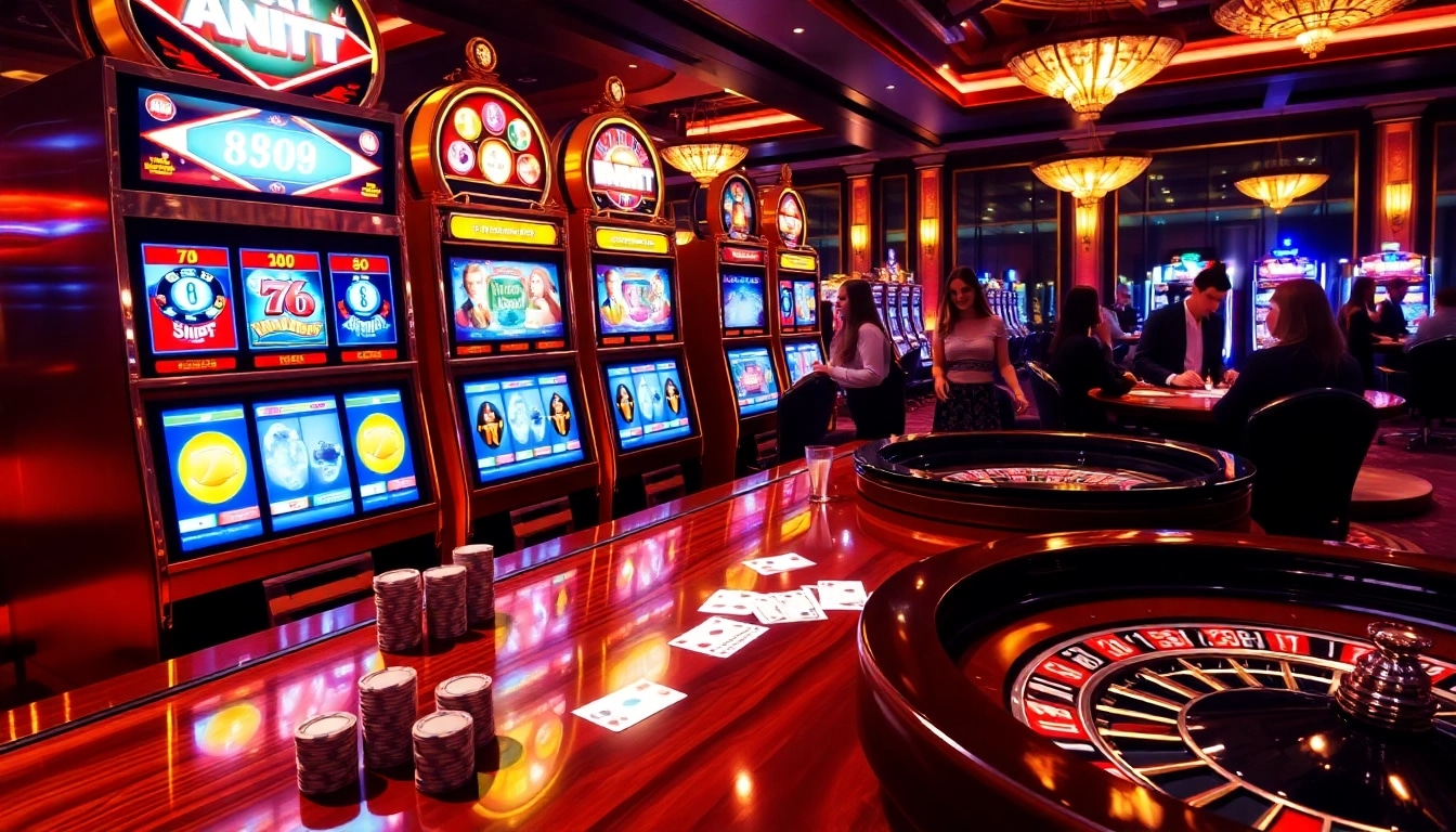 The adobet88 link displays exciting slot machines and engaging players in a luxurious casino setting.