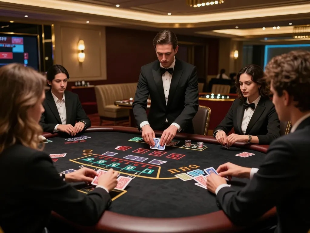 tr88vip players strategizing their bets at an elegant blackjack table in a luxury casino