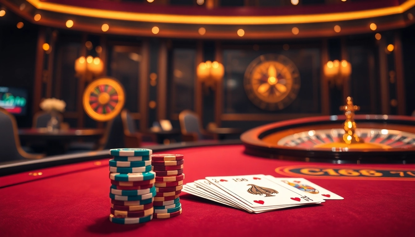 Engaging C168 poker action at an elegant casino table with chips and cards.