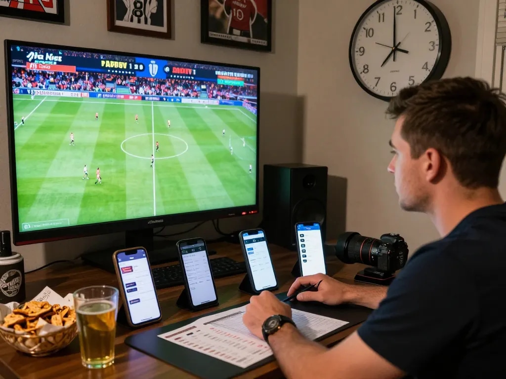 Engaged sports bettor analyzing keo nha cai statistics during live match