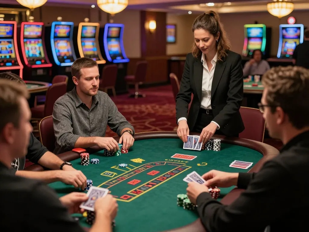 Players testing strategies at blackjack table on https://da88.navy/ with vibrant casino atmosphere