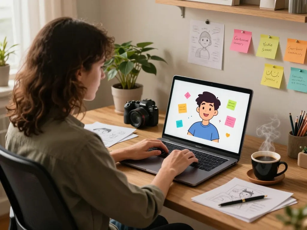 Engaging scene of a user interacting with crushon ai in a cozy home office.