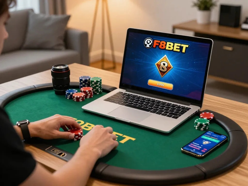 Person strategically playing F8BET poker online in a comfortable home environment.