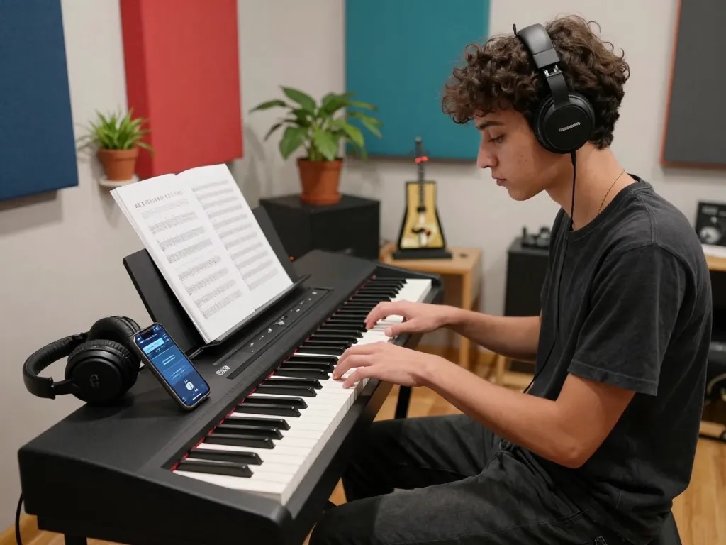 Musician playing GO 88 digital piano in a vibrant music studio with inspirational decor.