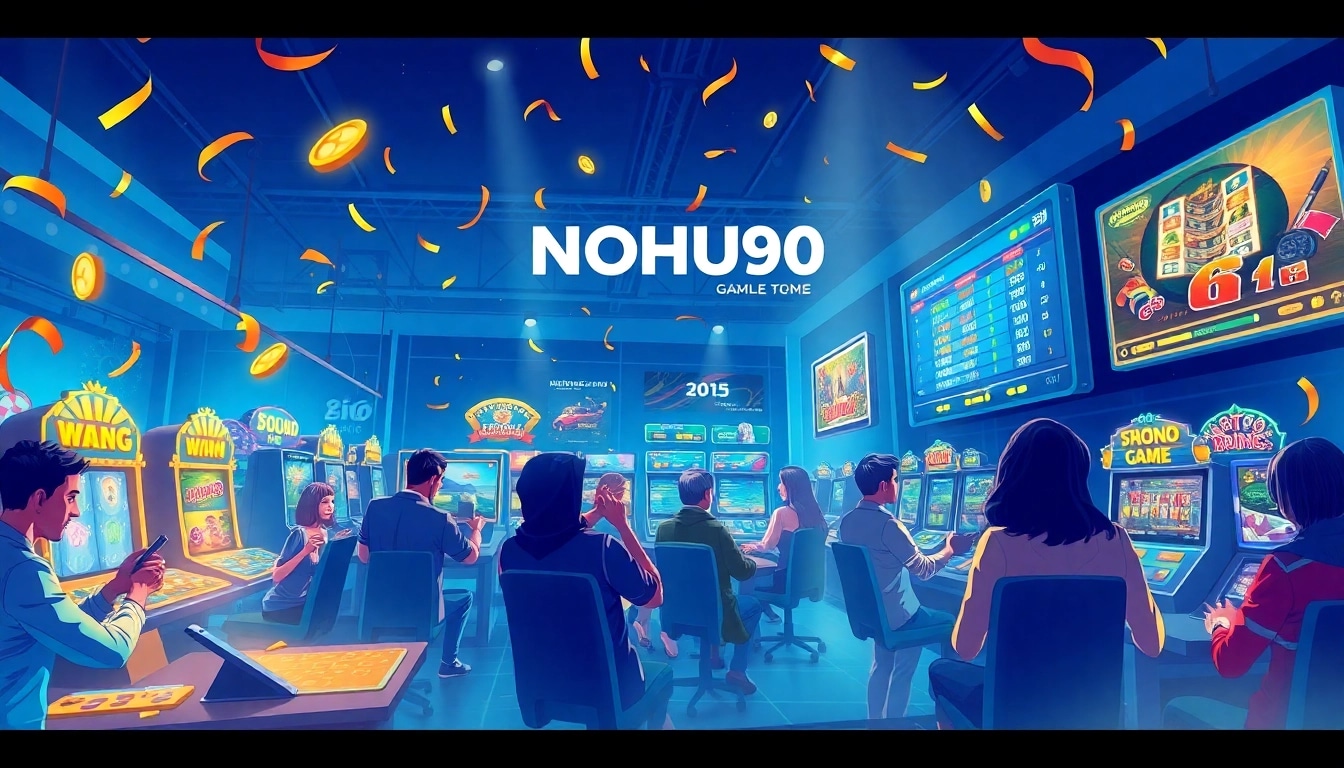 NOHU90 gaming platform illustration with players enjoying slots and sports betting in a vibrant atmosphere.