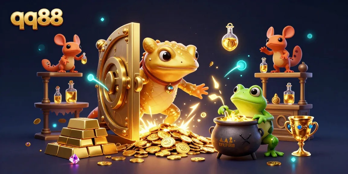 Experience thrilling gameplay with qq88, a vibrant scene of a golden salamander alchemist creating gold coins in a magical casino.