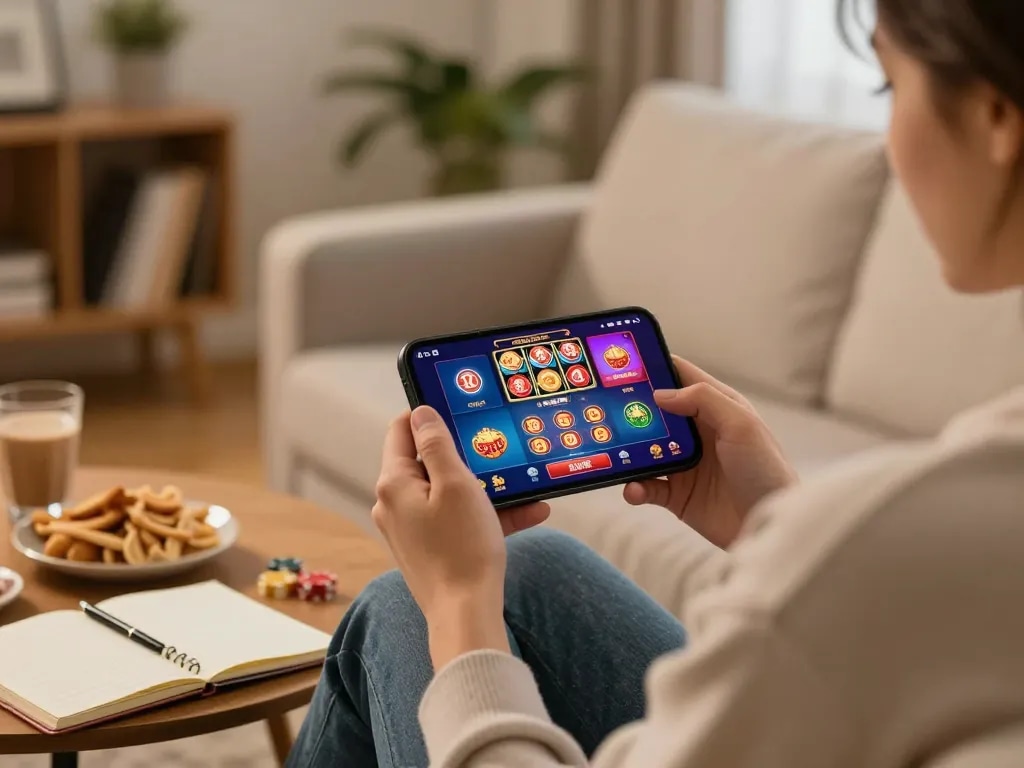 A player engages with the tg88 đăng ký mobile app for an exciting online casino experience while relaxing at home.