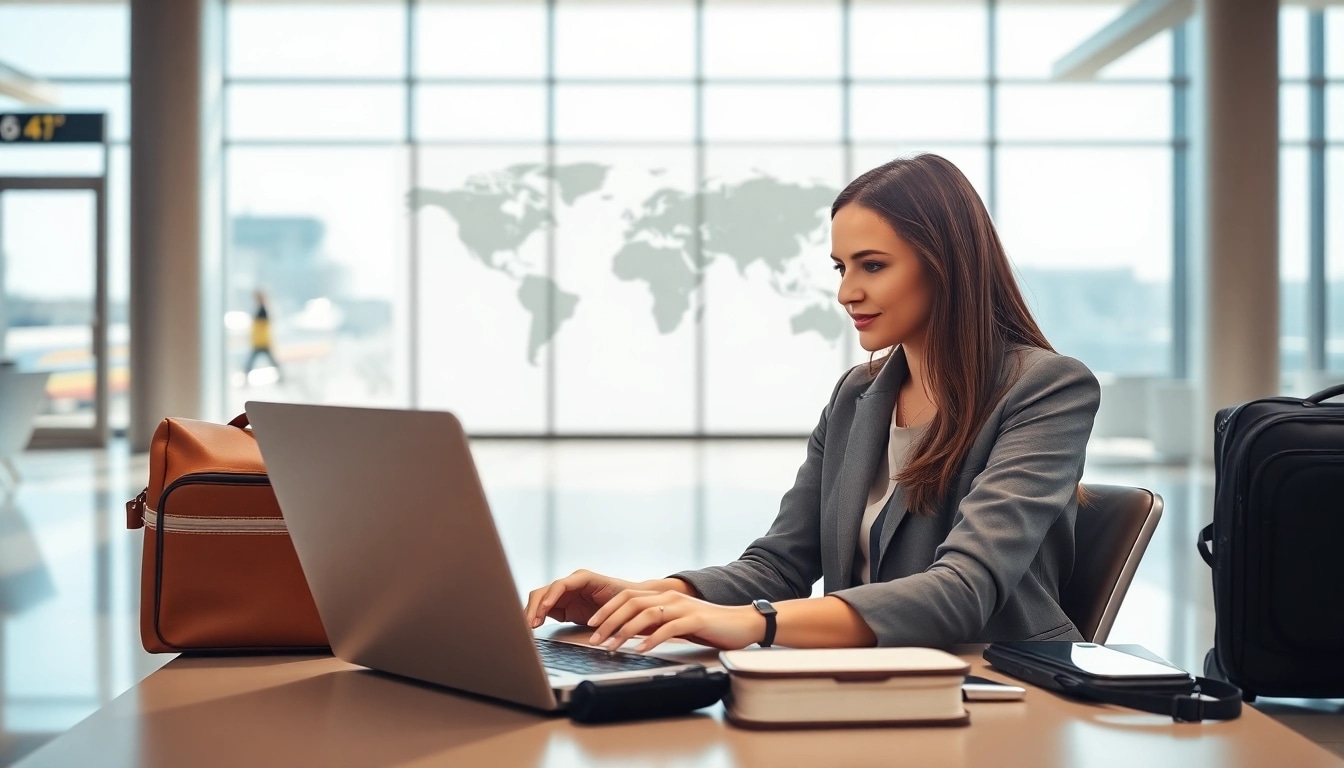 Young woman applying for eta application uk at an airport lounge with travel gear.