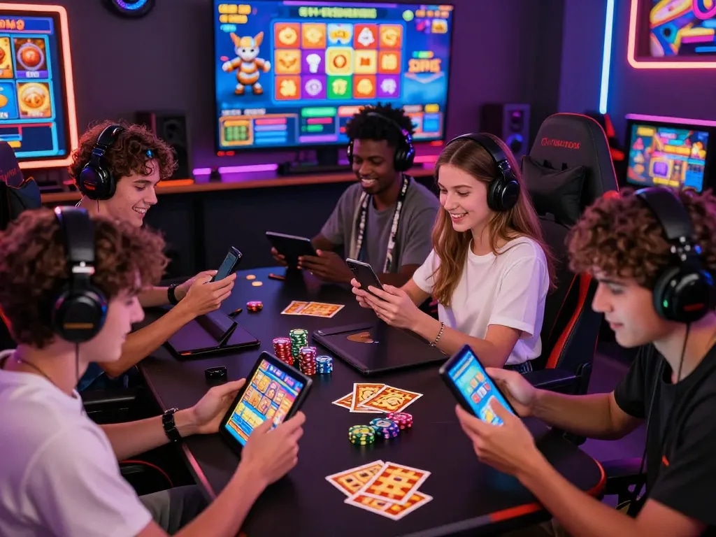 Players enjoying No Hu slot games in a vibrant online gaming environment filled with colorful lights and engaging graphics.