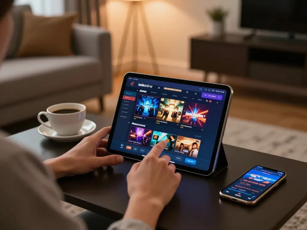 Engaging with the ledaonline casino platform on a tablet in a cozy home setup