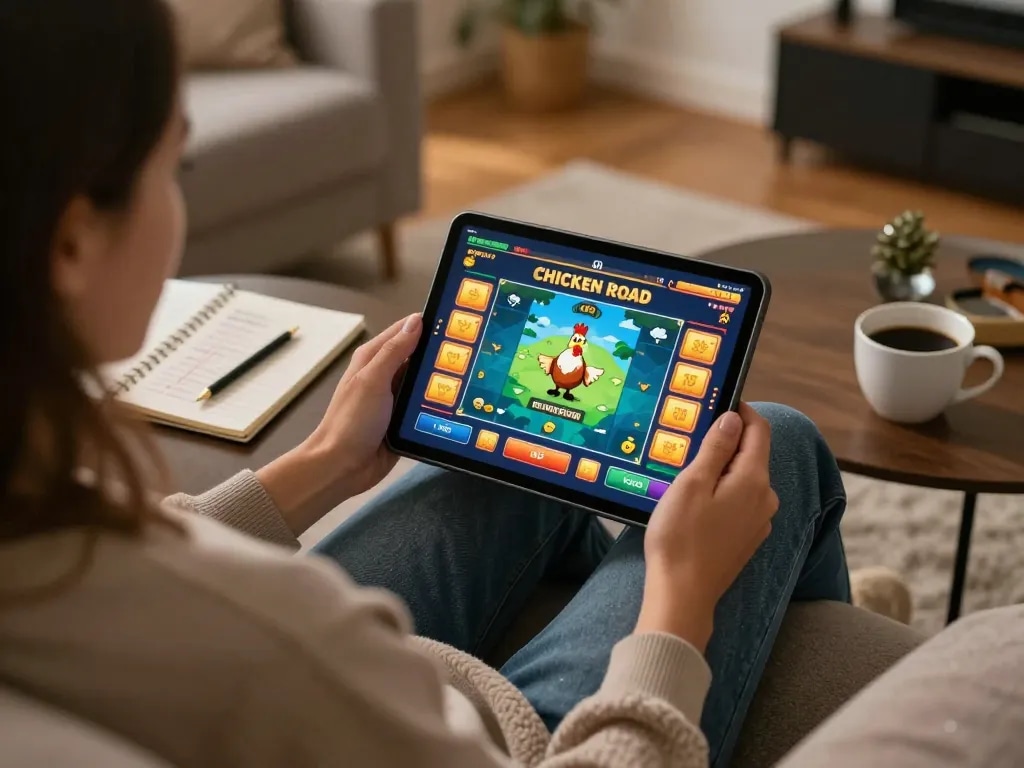 Impegnarsi nel gioco di Chicken Road su un tablet in un accogliente ambiente domestico