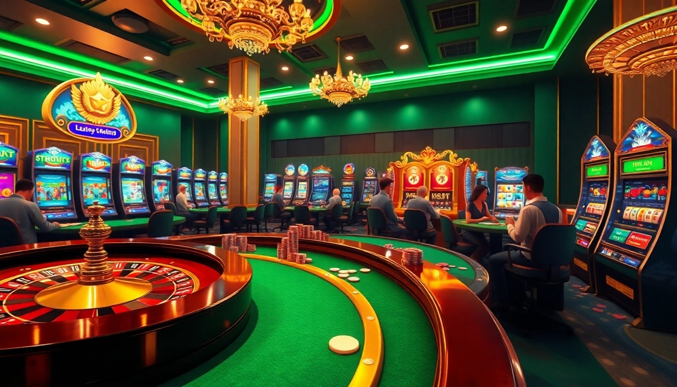 An engaging scene depicting online gambling at uu88.com featuring roulette, poker chips, and exciting slot machines.