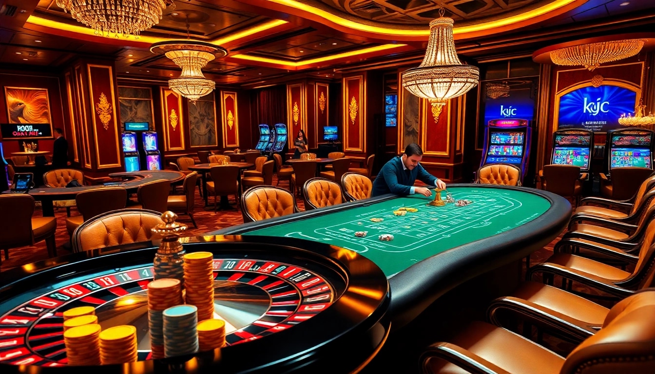 Engage with the diverse gambling atmosphere showcasing kjc pro's vibrant casino scene featuring poker, roulette, and excitement.