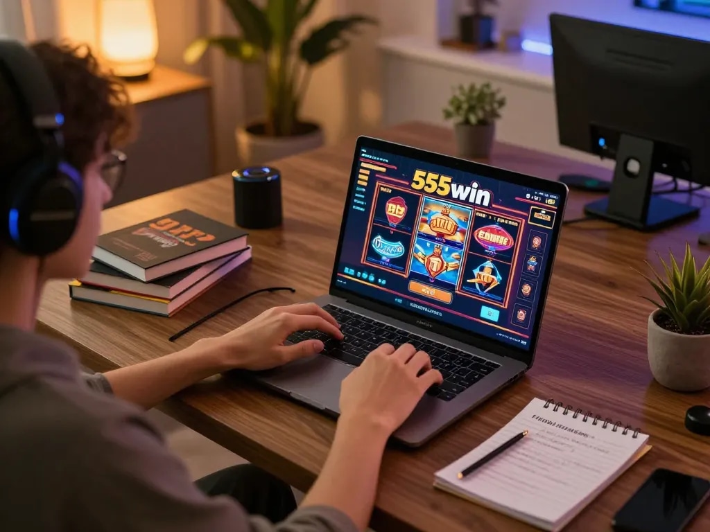 Engaged player enjoying slots at nhà cái 555win, highlighting a responsible gaming approach in a cozy setting.