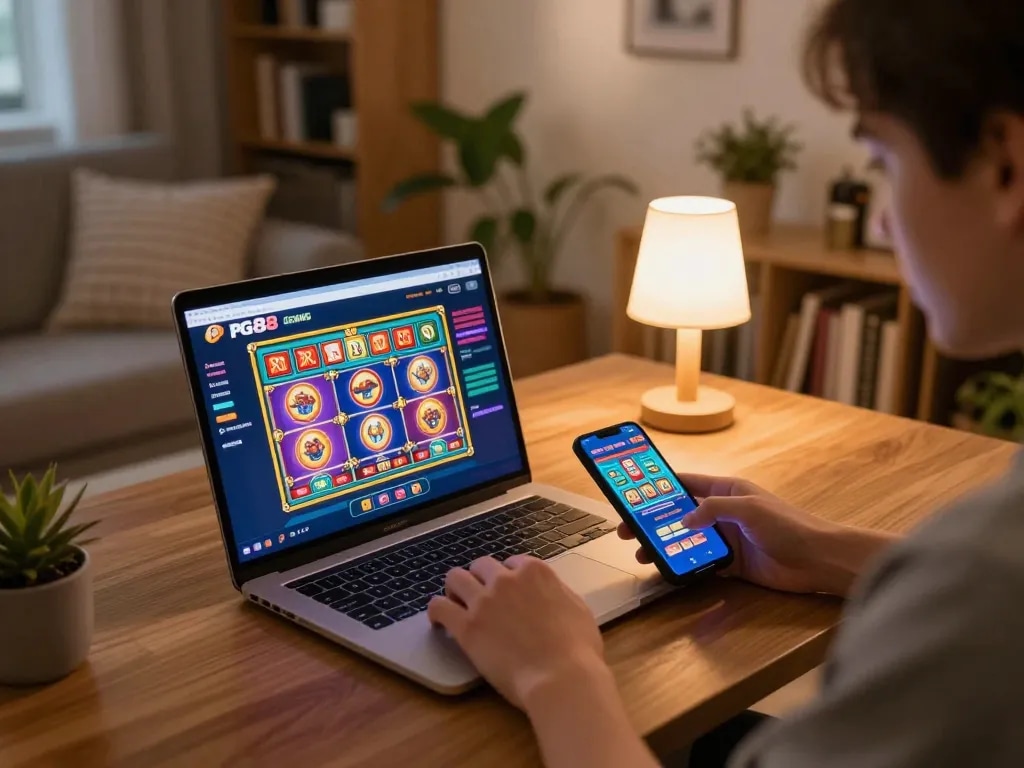 Player enjoying pg88 online games on laptop and phone in a cozy living room setup
