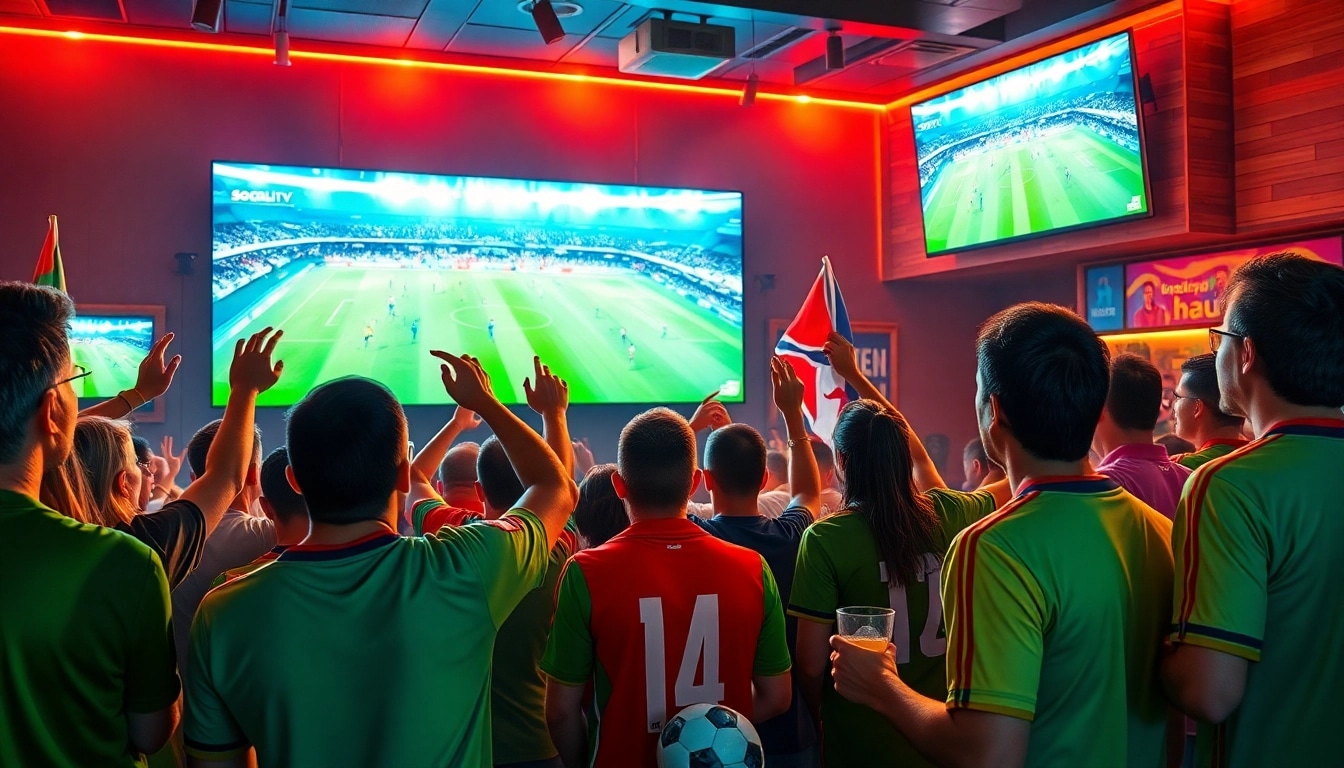 Excited fans enjoying a live soccer match on Socolive TV in a vibrant sports bar atmosphere.