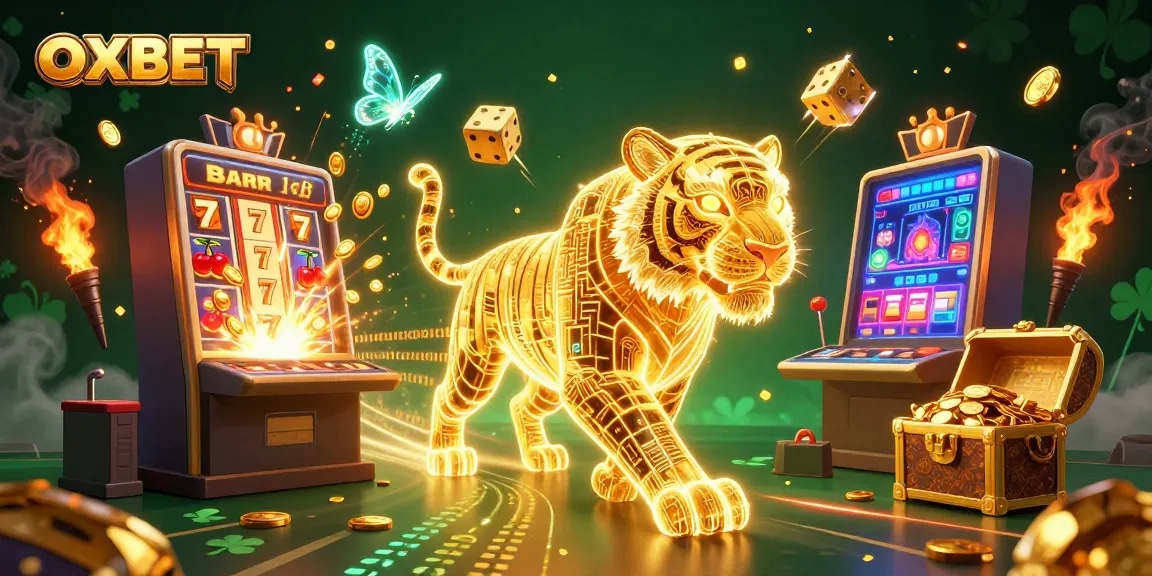 Experience thrilling gameplay with OXBET's vibrant casino scene, featuring a golden tiger and jackpots.