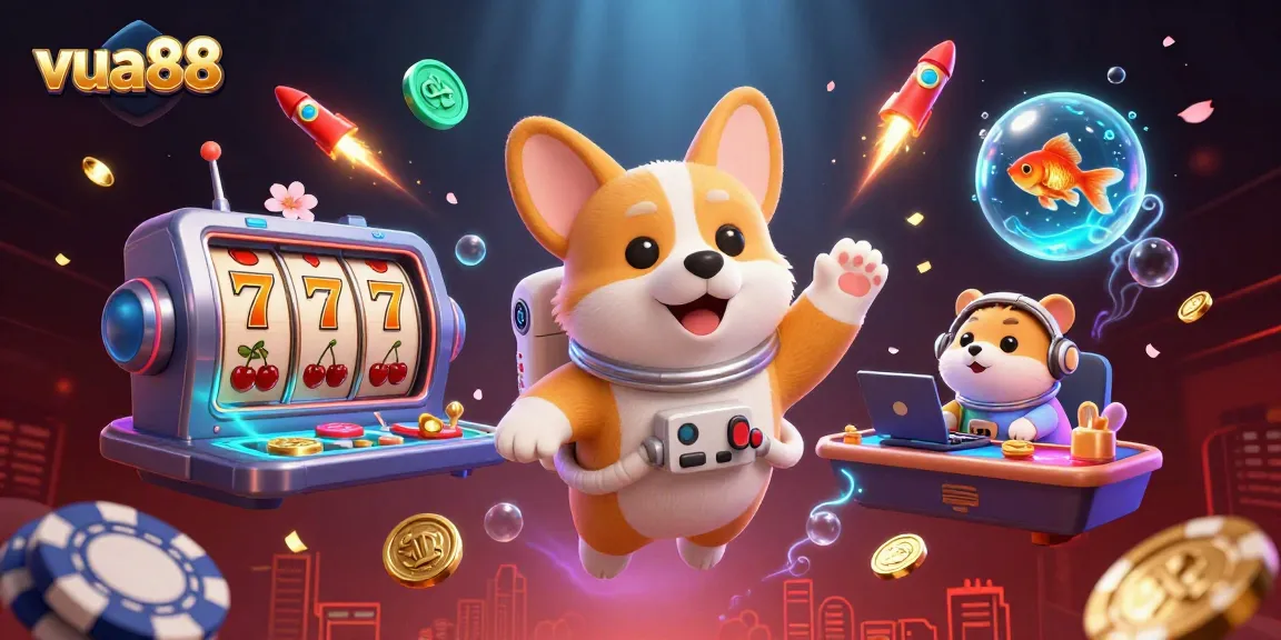 Engage with vua88's thrilling casino scene featuring a floating astronaut corgi and dynamic slot elements.