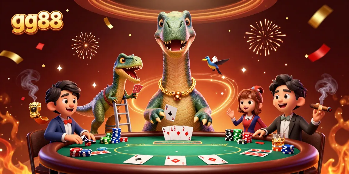 Experience thrilling poker action at gg88 with a giant dinosaur and an engaging raptor dealer.