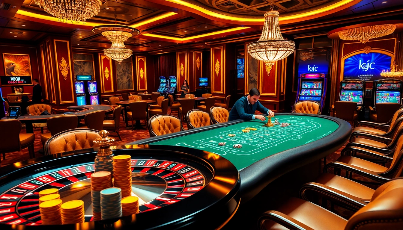 Engage with the diverse gambling atmosphere showcasing kjc pro's vibrant casino scene featuring poker, roulette, and excitement.