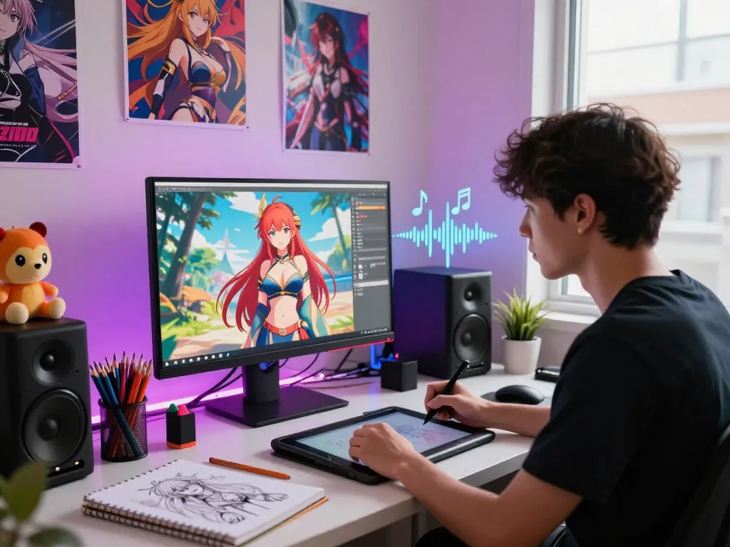 Engaging scene of an artist creating Hentai AI characters in a colorful digital art studio, showcasing creativity and technology.