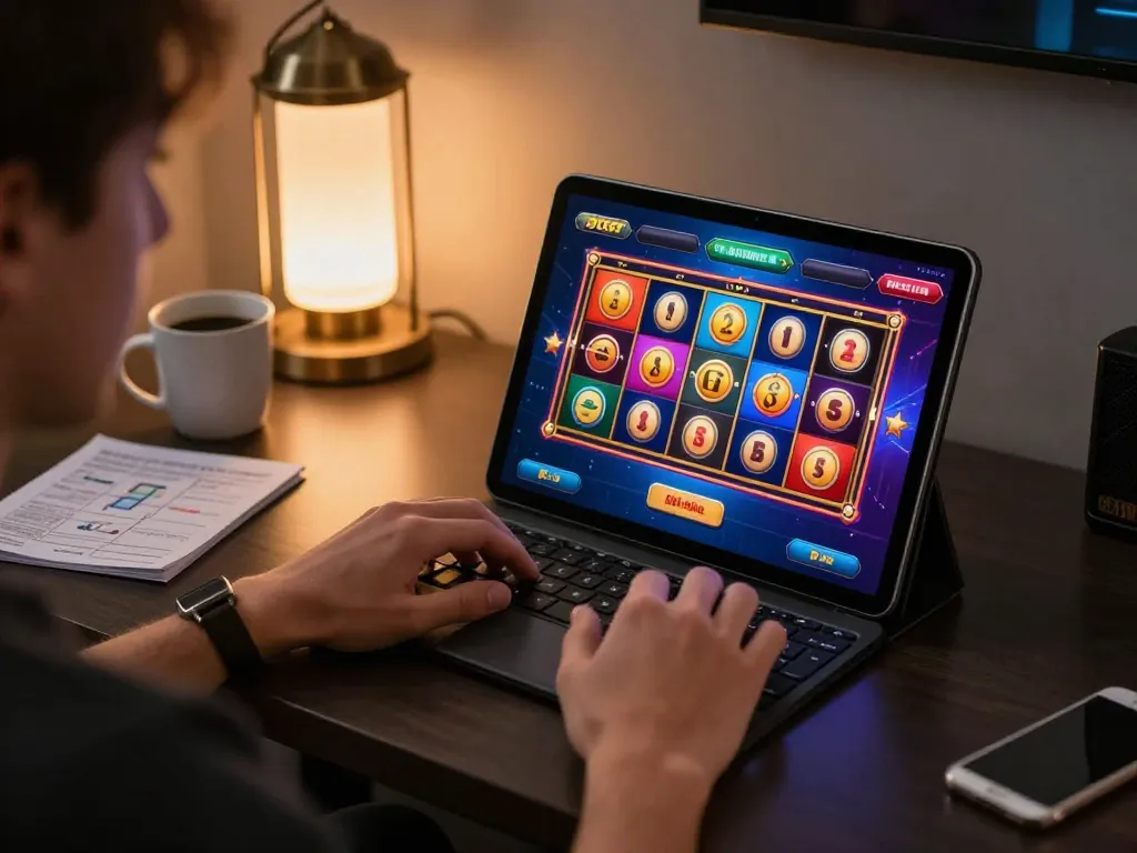 Player engaging with Oxbet casino app on tablet, showcasing vibrant slots in action.