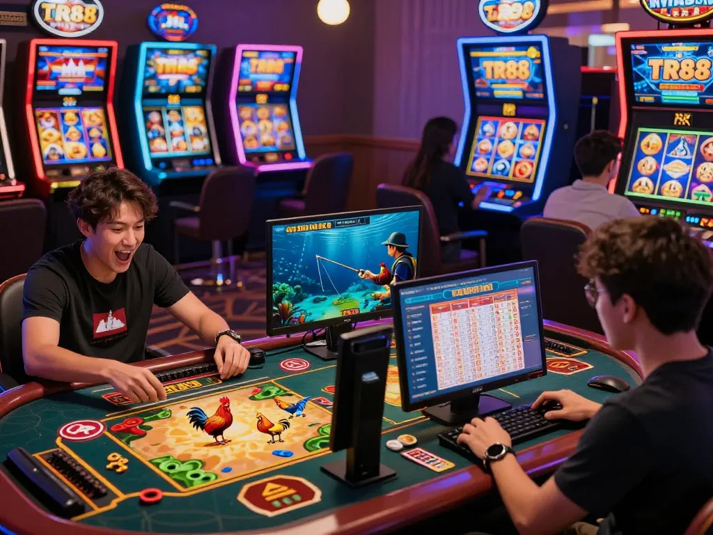 Dynamic online gaming scene at https://tr88.army/ with players enjoying live betting, fishing games, and lottery draws.
