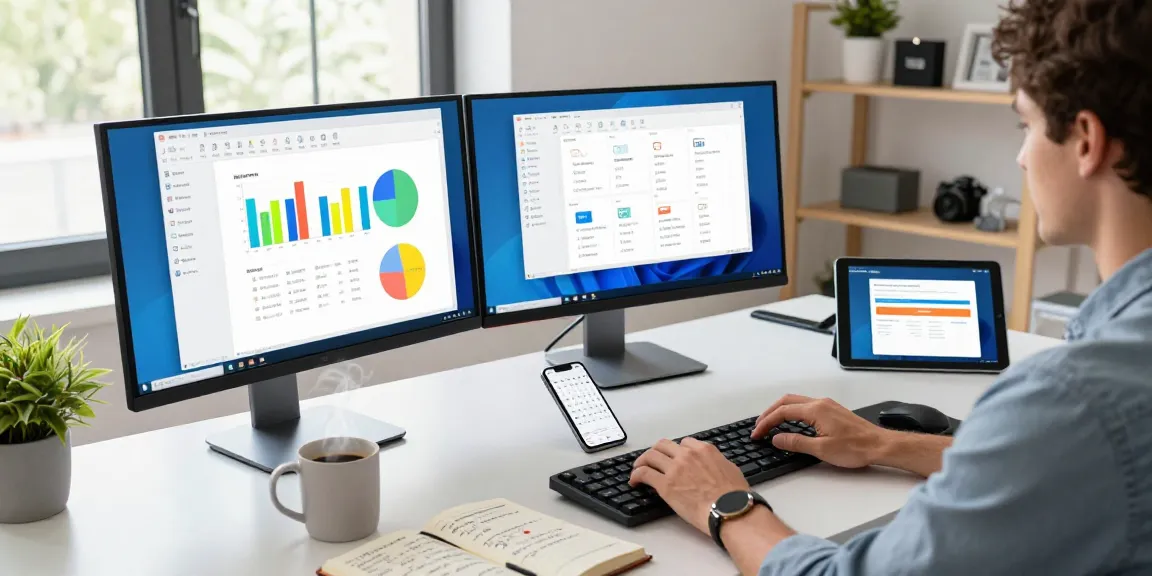 Professional workspace showcasing WPS Download interface on multiple monitors, highlighting productivity and software versatility.