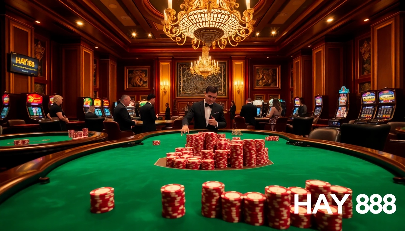 Experience the thrill of HAY 88 at a luxurious casino table with vibrant poker chips and an elegant atmosphere.