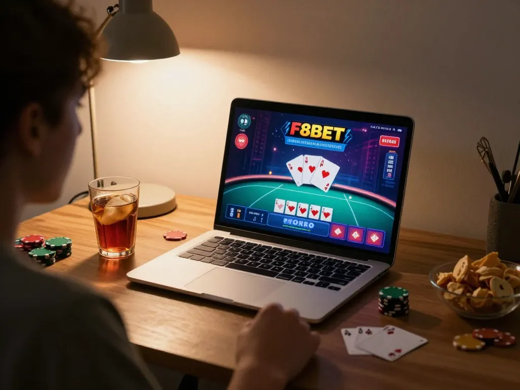 Playing poker on F8BET with a laptop in a cozy home setting, showcasing an engaging gaming experience