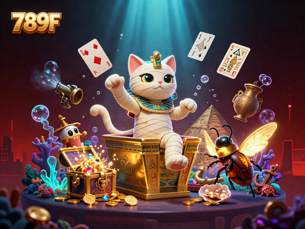 Engage with 789F's thrilling casino scene featuring a vibrant Egyptian mummy cat and glowing scarab.