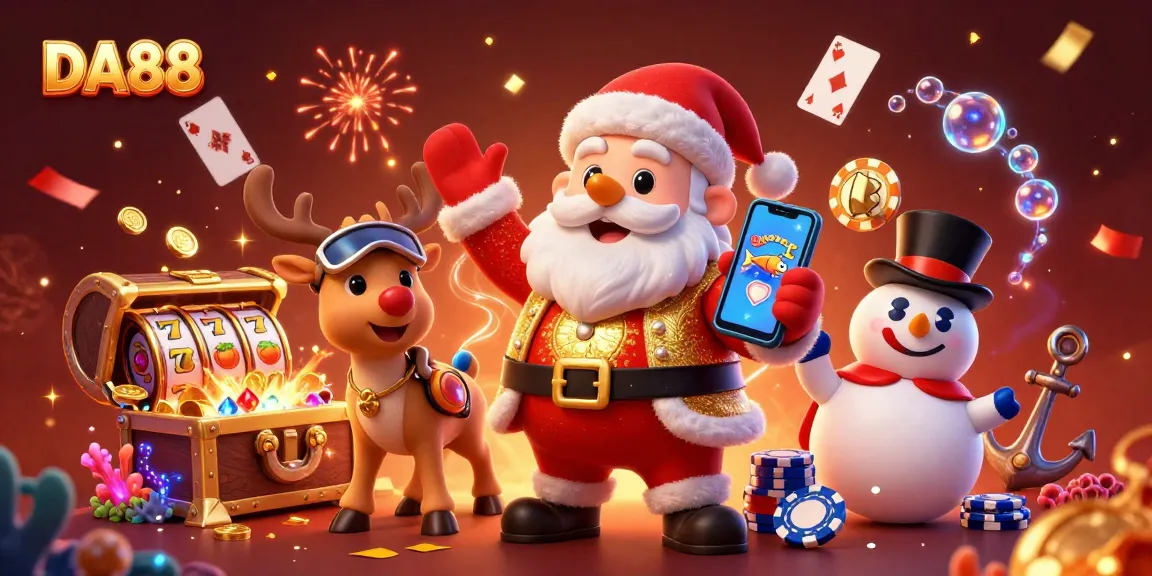 Play and win with DA88 in a festive casino scene filled with slots, gems, and excitement.