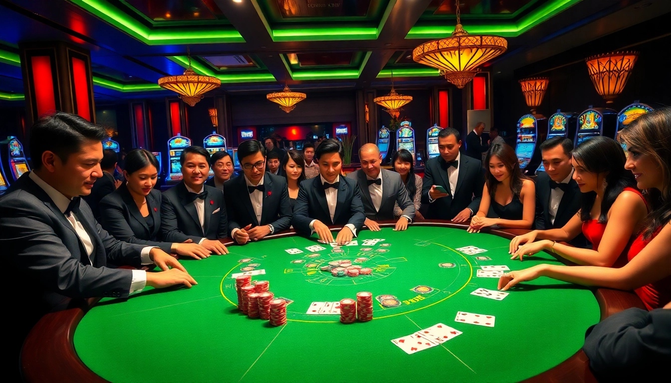 Players enjoying baccarat at a luxurious XXX88 casino table with vibrant chips and cards.