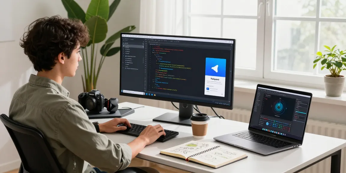 Download Telegram desktop app in a vibrant tech workspace with coding screens and design tools, showcasing productivity.