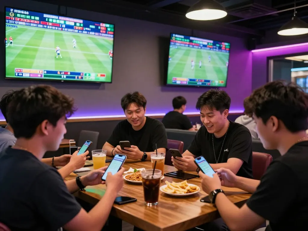 Exciting sports betting scene where friends engage with tỷ lệ kèo trực tuyến on mobile apps