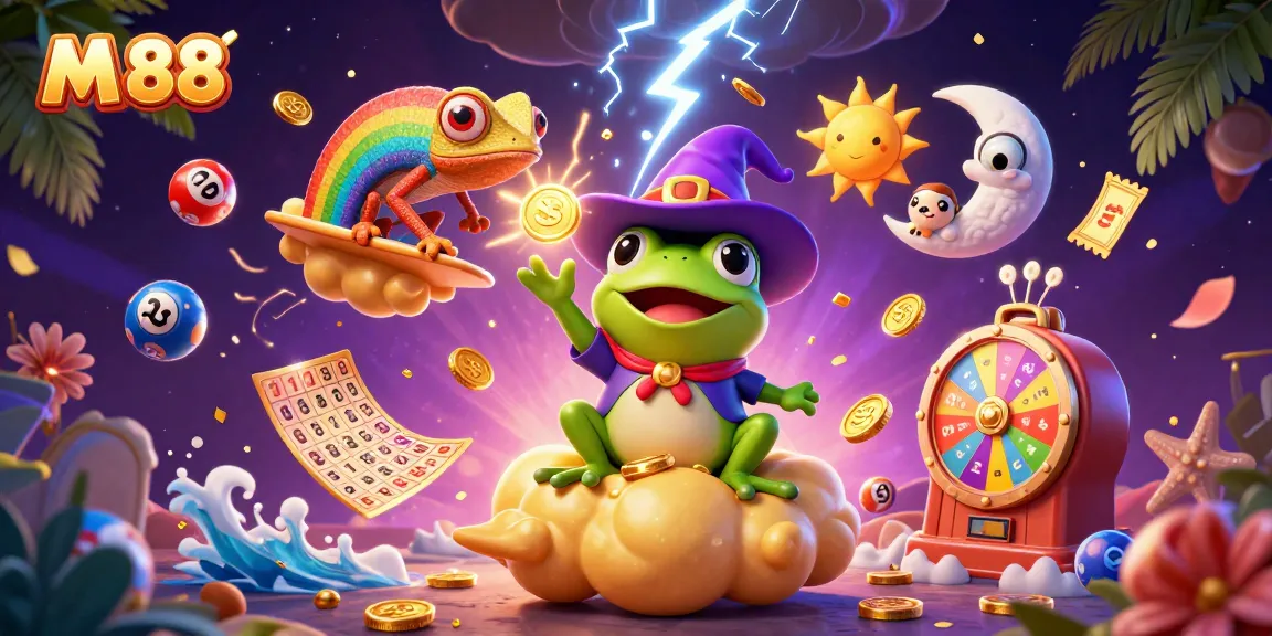 M 88 casino features a vibrant storm of golden coins and colorful lottery elements in an exciting gaming atmosphere.