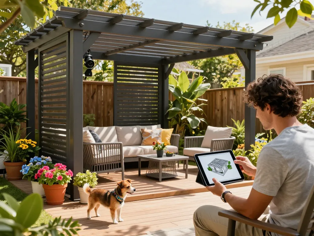configuratore 3D pergola design in sunny home garden with colorful plants and patio furniture