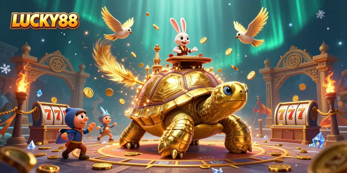 Experience LUCKY88's vibrant 3D casino scene with golden tortoise and lively dealer elements.