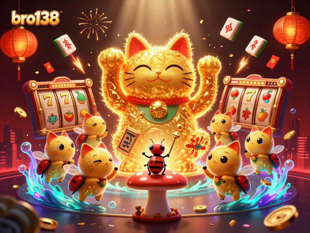 Bro138 attracts players with a thrilling illustration of a giant lucky cat animated with casino symbols and slot elements.