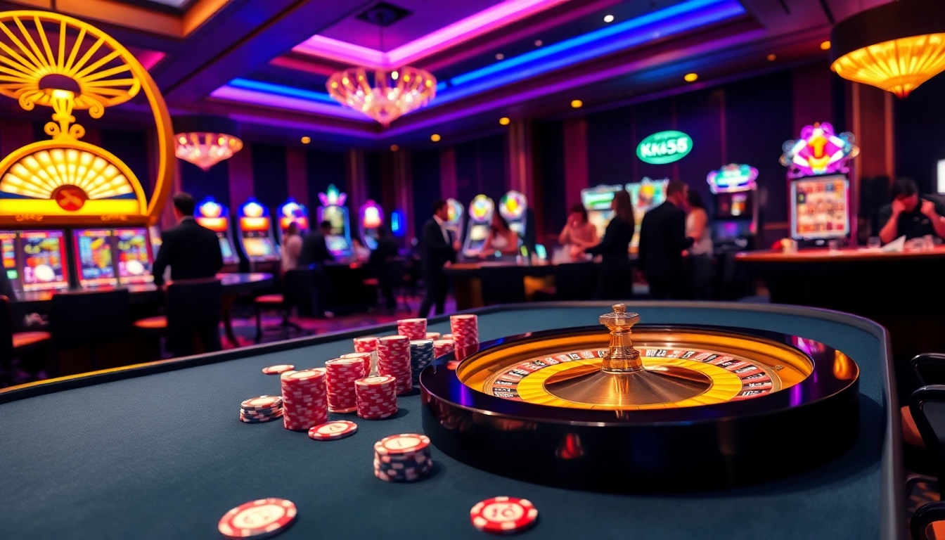 Experience thrilling games at KK55's luxurious casino with vibrant poker tables and exciting slot machines.