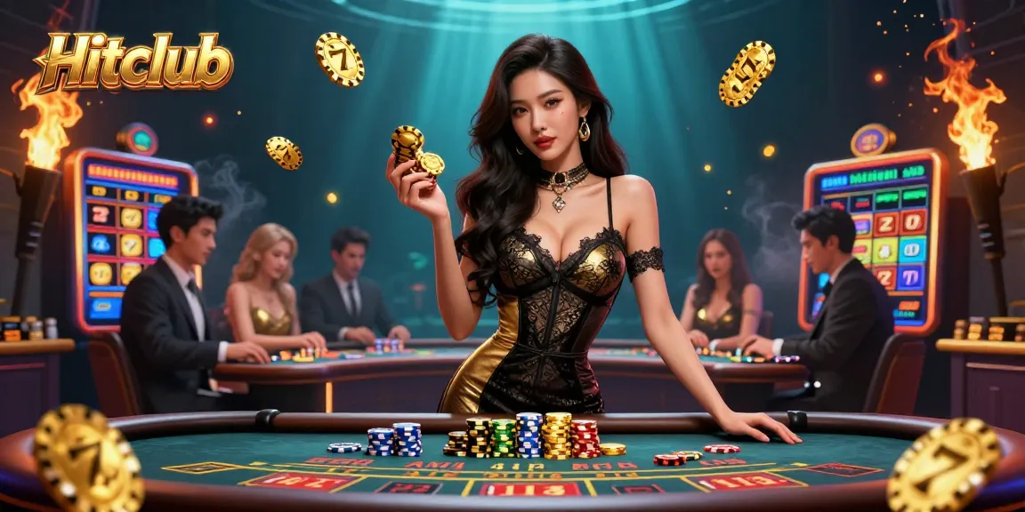Win big at Hitclub with a glamorous baccarat scene showcasing high-value golden casino chips.